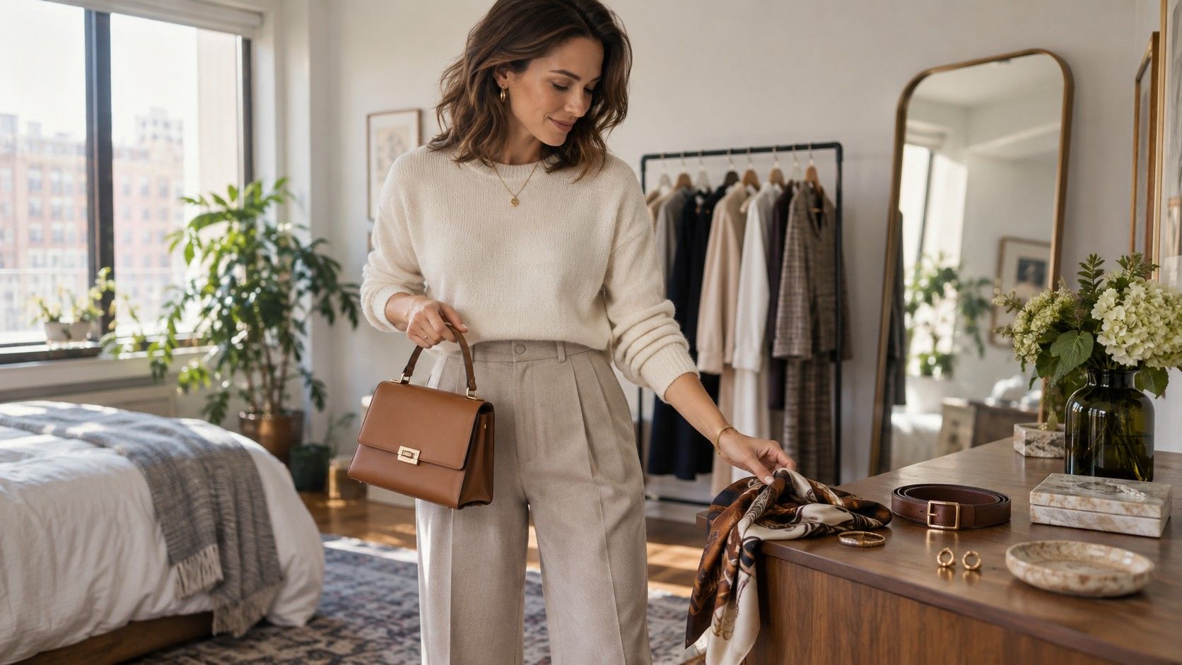 Neutral outfit finished with brown leather shoes, bag, and gold jewelry
