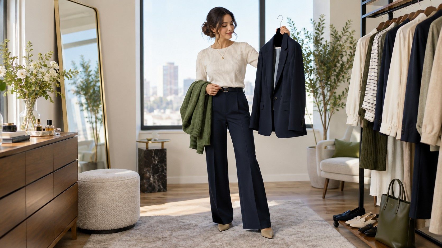 Business casual outfit with navy blazer and warm neutral trousers