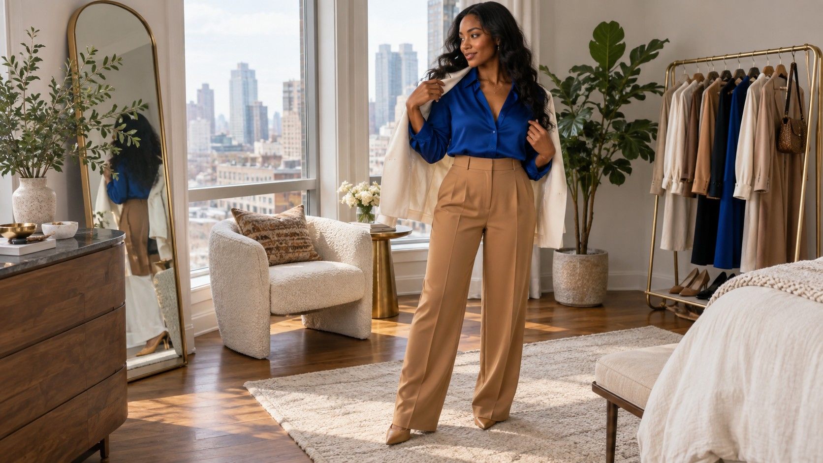 Person wearing a cobalt shirt with neutral trousers
