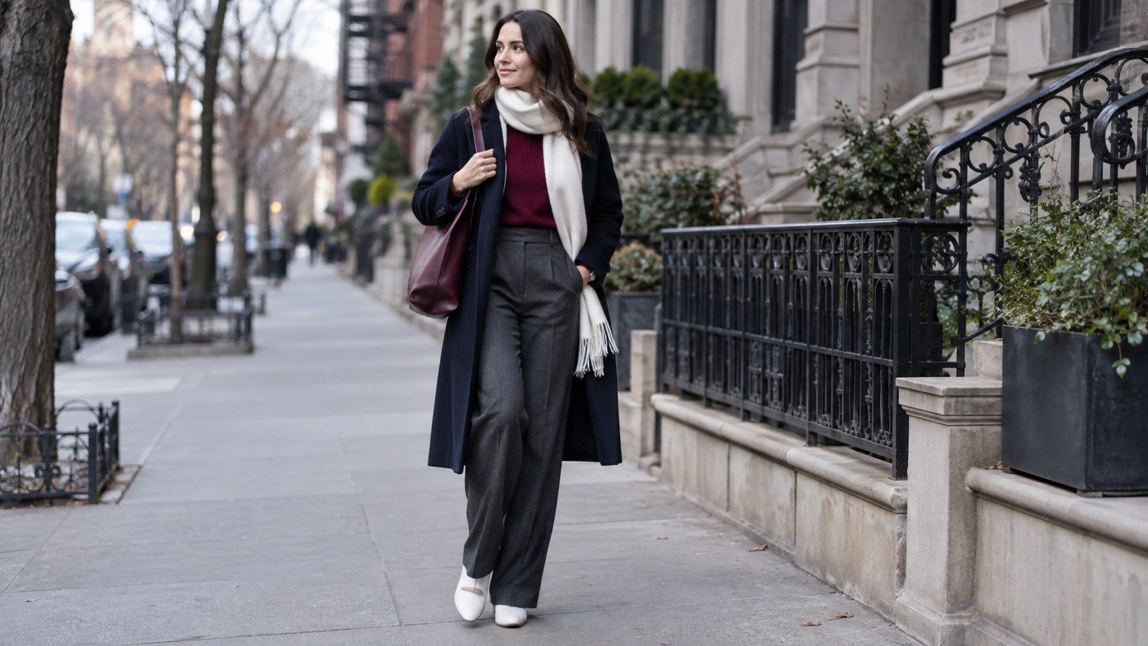 Cool-toned everyday outfit in navy and berry