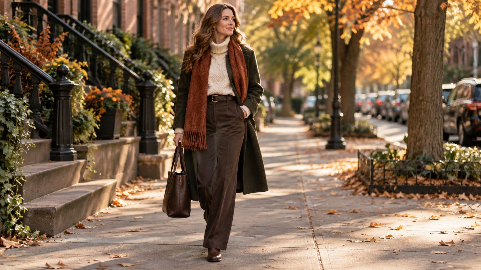 Deep Autumn outfit in forest green and espresso brown