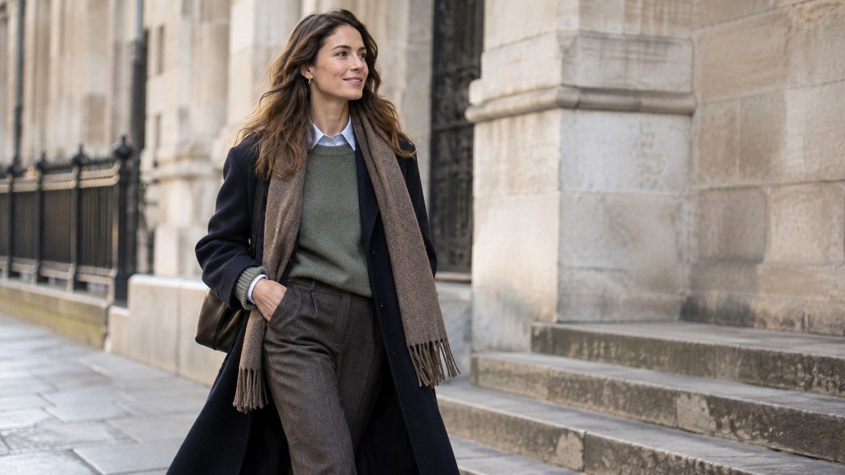 Layered autumn outfit with navy coat, cream knitwear, and brown shoes