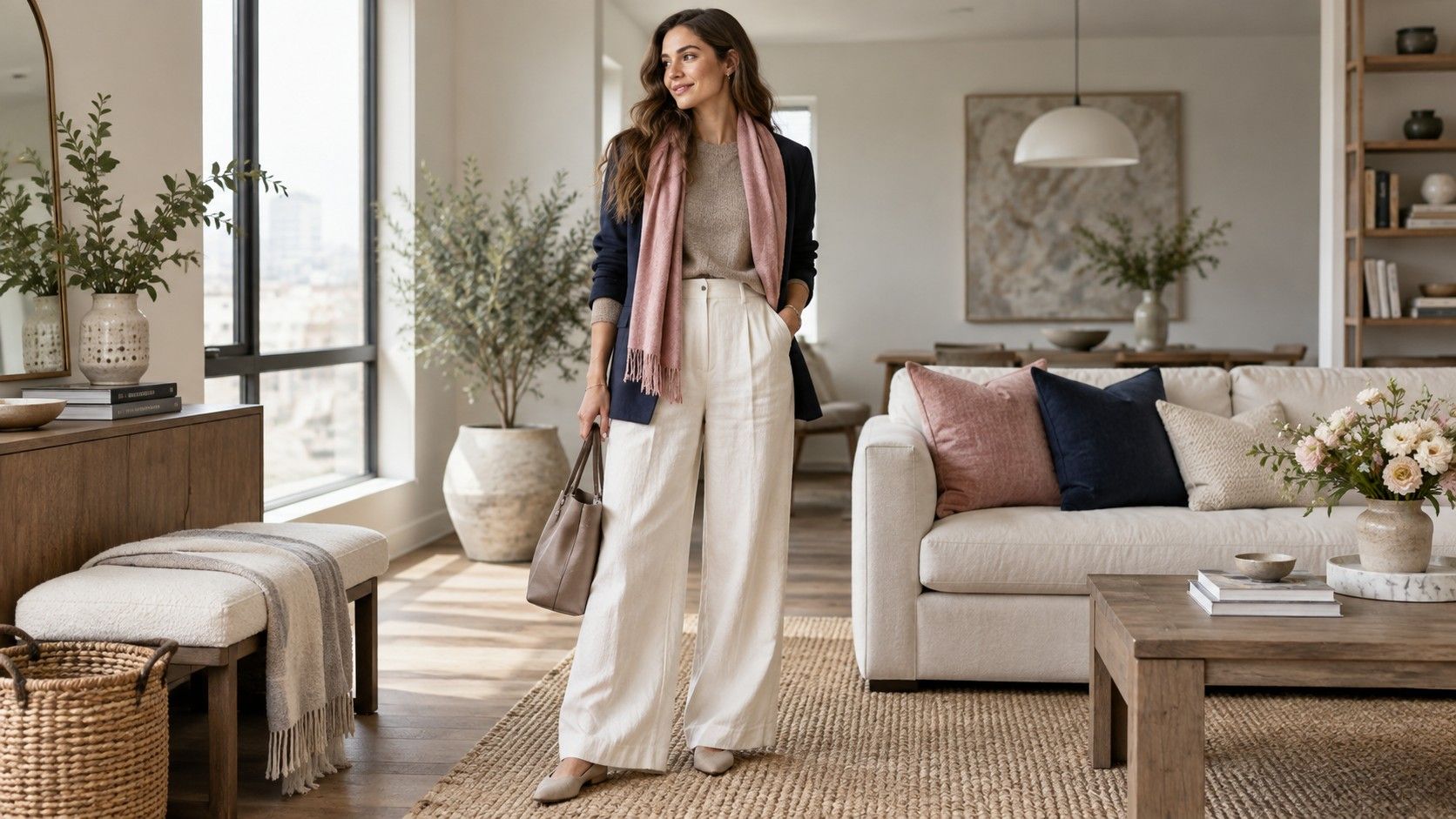 Neutral-toned outfit with navy denim and taupe jacket