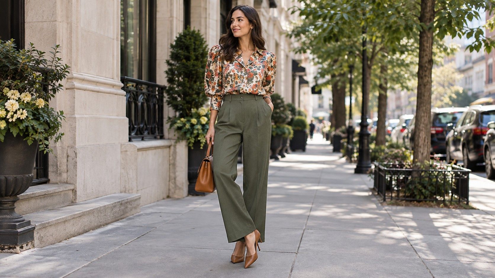 Outfit combining a striped shirt with solid navy trousers and brown accessories