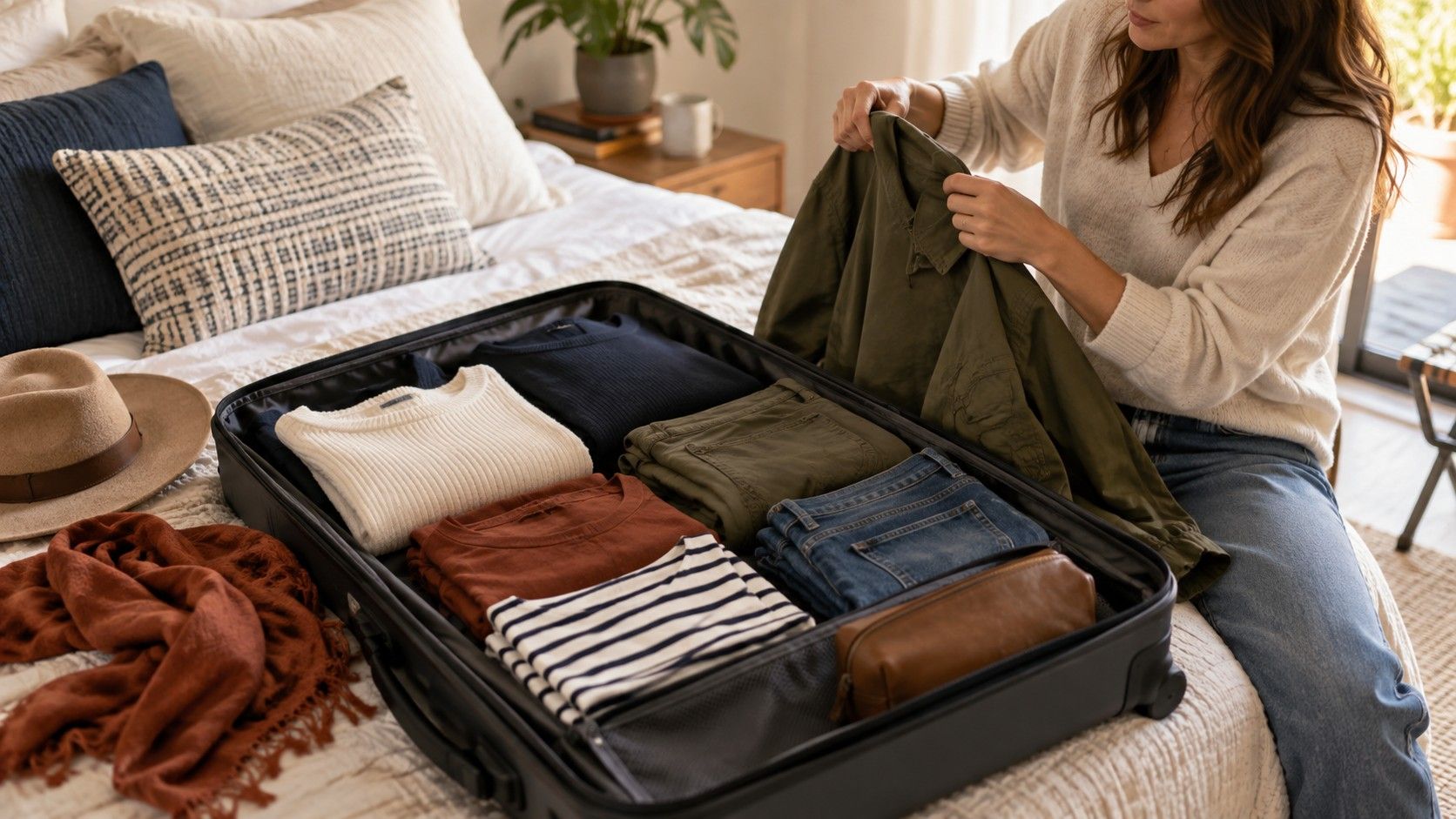 Compact travel capsule wardrobe in coordinated neutral and blue colors